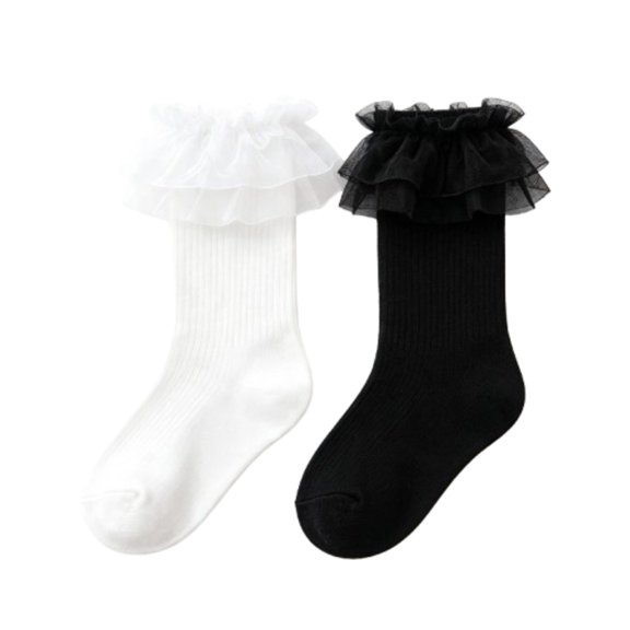 Dweltoz 2 pairs Girls Ruffle Socks Toddler Lace Frilly Dress Socks with Big Ruffles Cute Princess Style Cotton Crew Socks for Little Kids Girls 0-10 Years