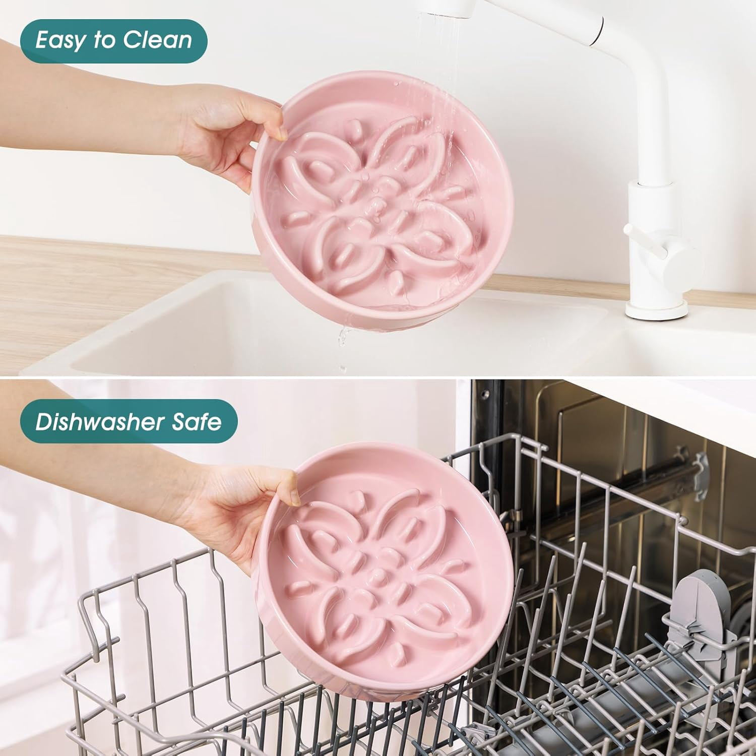 Ceramic Slow Feeder Dog Bowls, Puzzle Dog Food Bowls with Floral Maze, Anti -Slip Pet Food Dish for Medium Breed, 1.5 Cups, Pink.Product promotion event