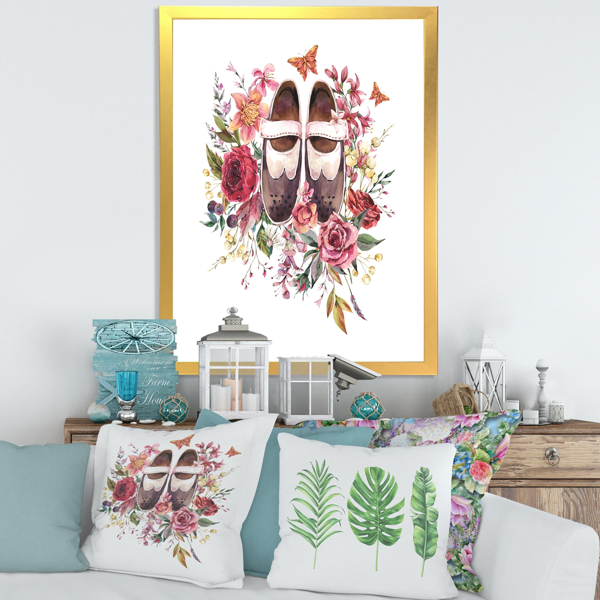 Designart 'Wildflowers With Ancient Oxford Shoes' Farmhouse Framed Art Print