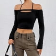 thumbnail image 6 of Women's Cut Out Long Sleeve Off Shoulder Halter Crop T Shirts Top Ribbed Knit Top Spaghetti Halter Off The Shoulder Shirt-X-Large, 6 of 6