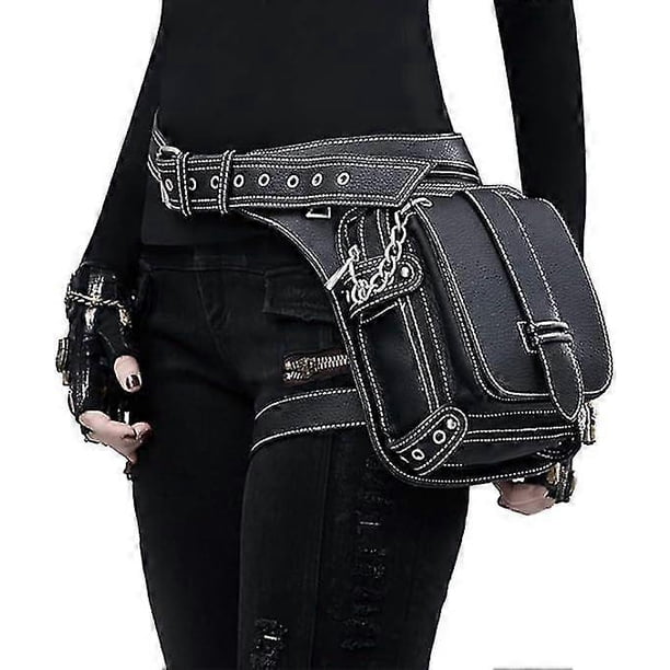 Steampunk Waist Bag Fanny Pack Fashion Gothic Leather Shoulder Crossbody Messenger Bags Thigh Leg Hip Holster Purse Travel Pouch Hiking Sport Chain Ba