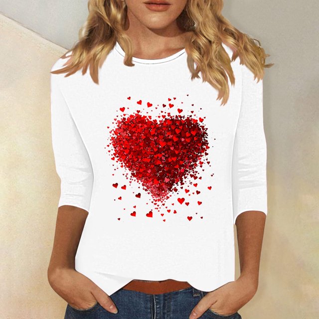 CFLVAEK Joyeuse Saint-Valentin T-Shirts pour Femmes Grande Taille T-Shirts Graphiques Double Cœur T-Shirts Décontractés à Manches Courtes T-Shirts Confortables à Col Rond Hauts des Fêtes Cadeaux de Saint-Valentin pour Elle m