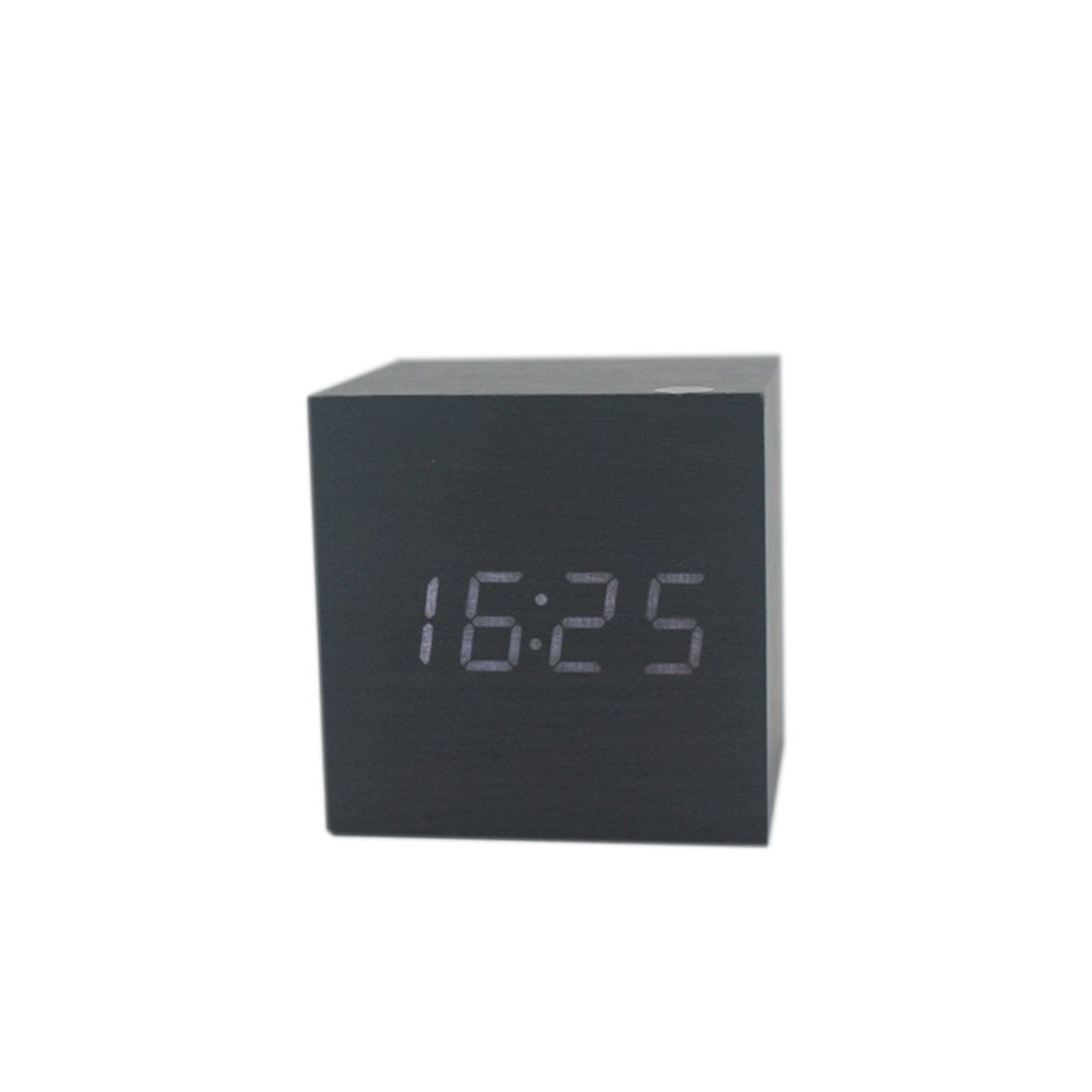 Unique Cube Wooden Wood Digital LED Desk Voice Control Alarm Clock Thermomete 