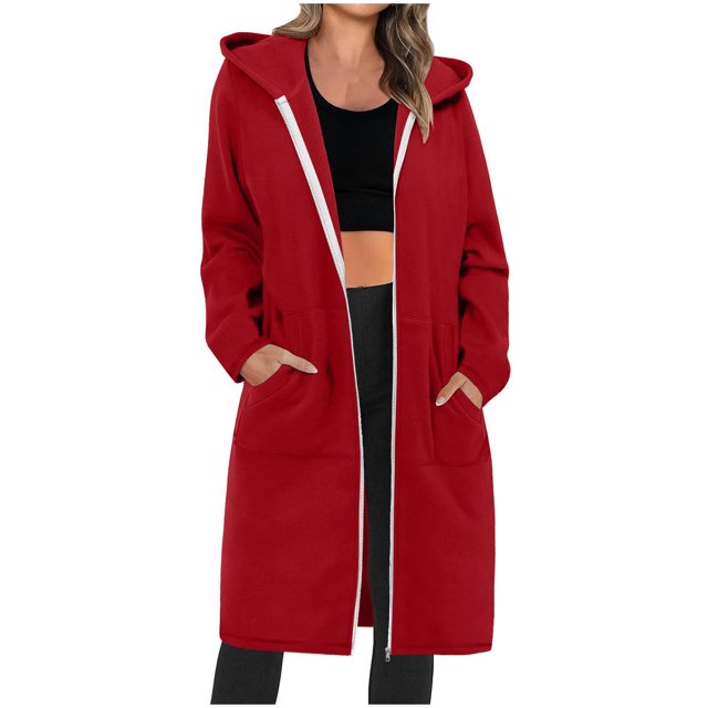 Atogsazn Trench Long Manteau pour Femmes à Fermeture Éclair Complète Veste à Manches Longues avec Capuche Coupe-Vent Couleur Unie Colthes Rouge TG Mode