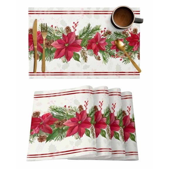 Placemats 1 Pack, Christmas Poinsettia Woven Placemat, Linen Place Mats for Kitchen/Dining Tables, Red Xmas Botanical Pine Cones Washable Table Mats for Party