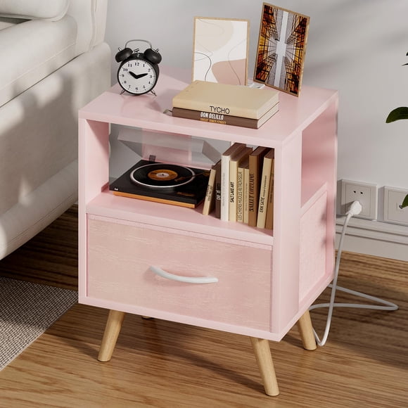 Mesa de noche Aenuert rosa con puertos USB y cajón