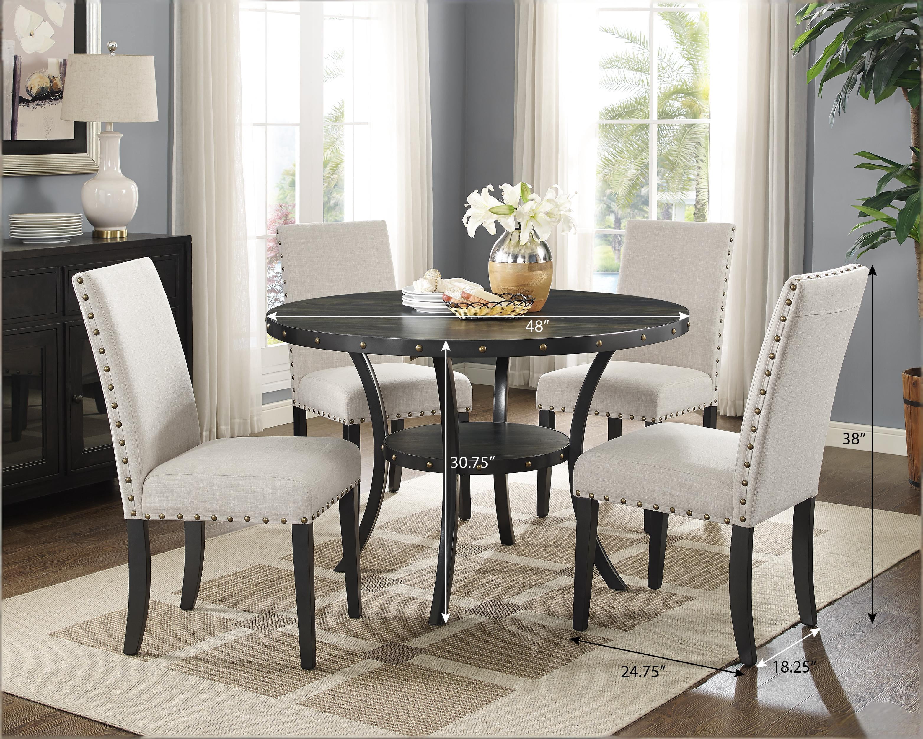 Howcool 5-Piece Espresso Wood Round Dining Set, 4 Upholstered Fabric Nailhead Trim Chairs with Lower Storage Shelf for Kitchen & Dining Room