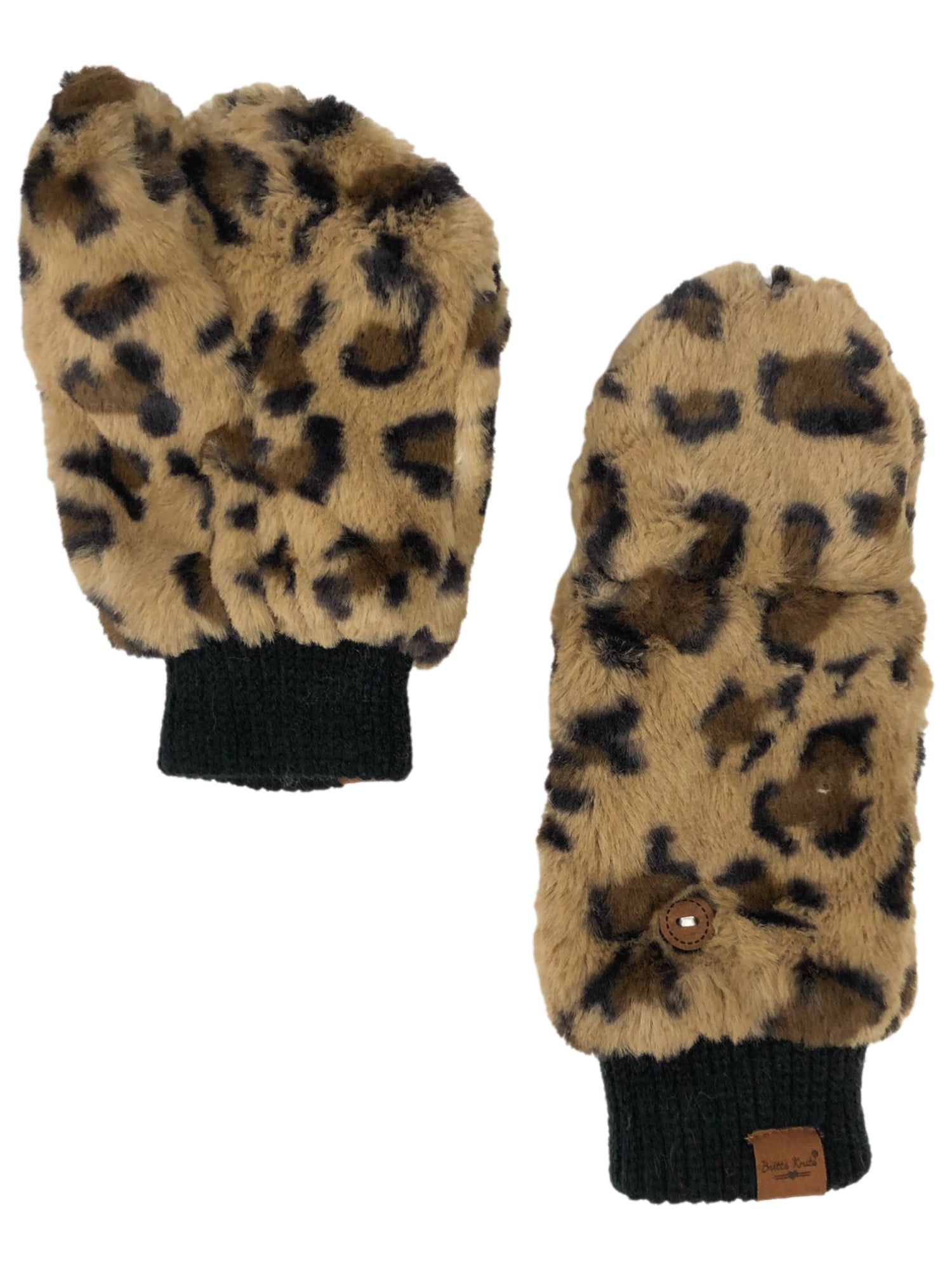 Womens Brown Leopard Print Faux Fur Convertible Fingerless Gloves Mittens -  