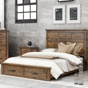 Rustic Reclaimed Solid Wood Queen Panel Bed, Queen Size Platform Bed Frame with 2 Drawers