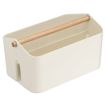 Navaris Organizer Caddy with Wood Handle - Storage Holder with 2 Compartments  for Makeup Nursery Desk Bathroom 10.4" x 6.5" x 5.9" - Cream