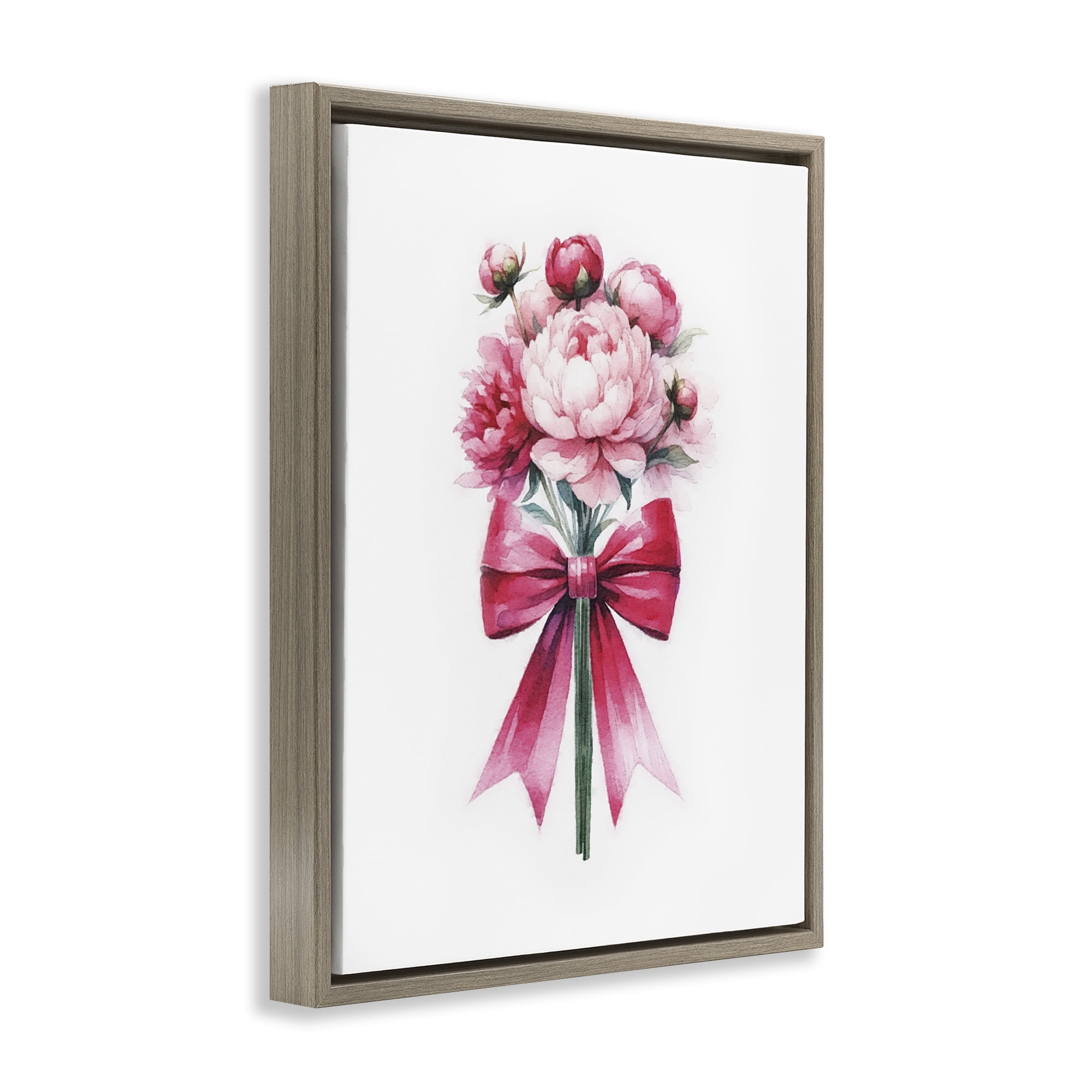 Stupell Industries Pink Ribbon Bouquet Plants & Flowers Painting Brown Floater Framed Canvas Art Print Wall Art, 17 x 21