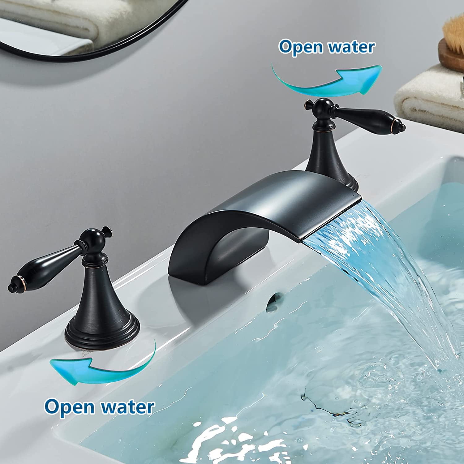 Zovajonia Bathroom Faucet 3 Hole Vanity Basin 8 Inch High Arc Swan Sink Faucet Mixer Bronze Bath Faucets ,  Widespread bathroom faucets for sink 3 hole Waterfall Tub Faucet Oil Rubbed Bronze