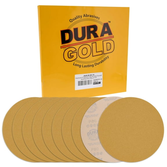 Dura-Gold Premium 9" Drywall Sanding Discs - 80 Grit (Box of 10) - High-Performance Sandpaper Discs with Hook & Loop Backing, Fast Cutting Aluminum Oxide Abrasive - For Drywall Power Sander, Wood