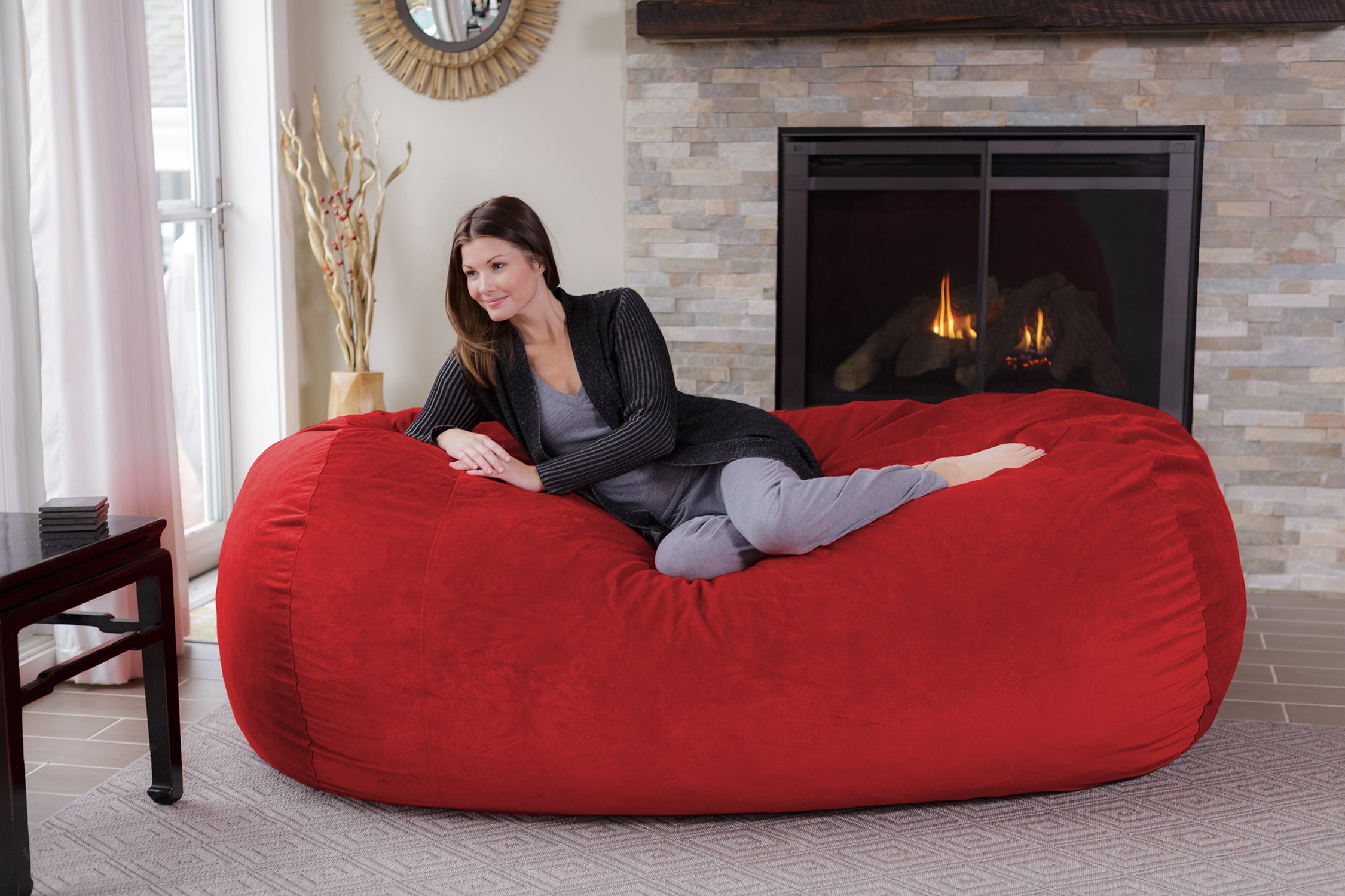 Chill Sack Bean Bag Chair, Memory Foam Lounger with Microsuede Cover, Kids, Adults, 7.5 ft, Red Pebble