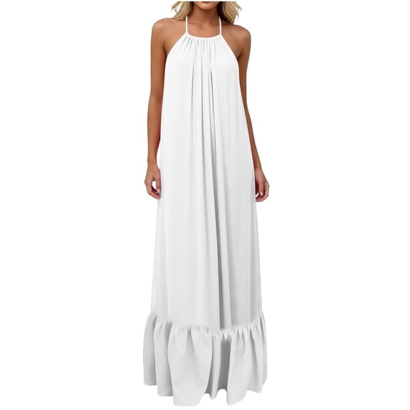 Makaor Tank Dresses for Women Shift Ruched Maxi Dresses Plus Size Sleeveless Spaghetti Strap Dress Solid Halter Neck Beach Vacation Clothes White 2XL