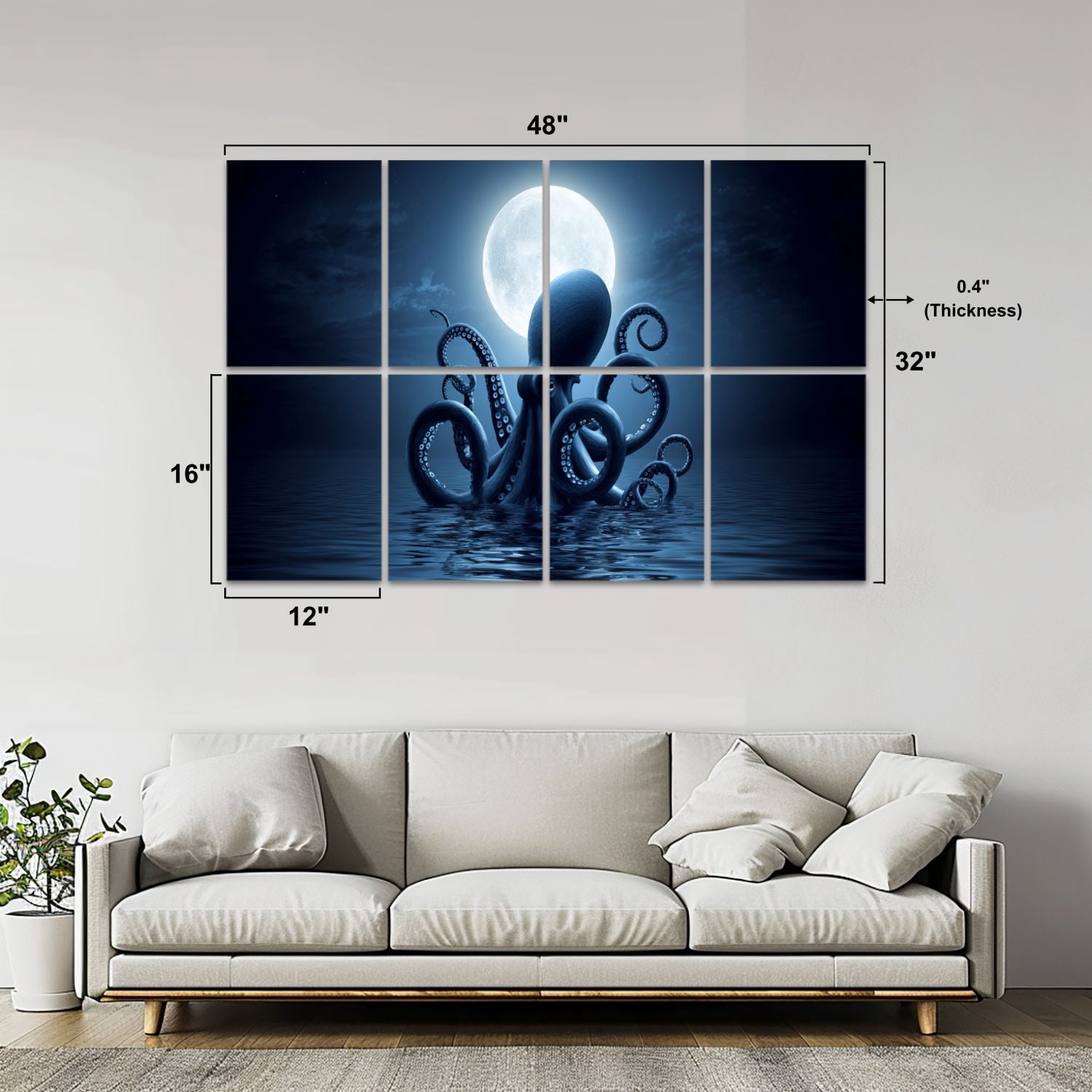 Gothic 8 Pack Art Acoustic Panels Sound Absorbing Giant Octopus Emerging Ocean Full Moon Night Sky Decorative Soundproof Wall Panels Self Adhesive for Nursery Game Room Bedroom 48"x32"