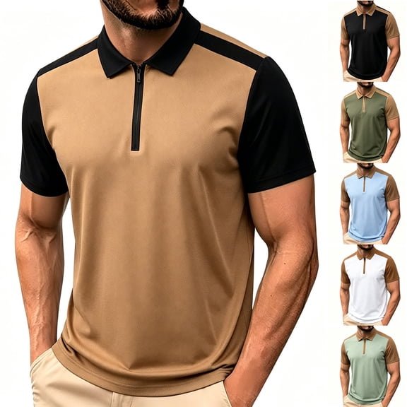 IhhxPro Men's Color Block Collared Shirt with Half-Zip Design Quick Dry Zip Front T-Shirt Casual Golf Athletic Slim Fit Breathable XS-2XL