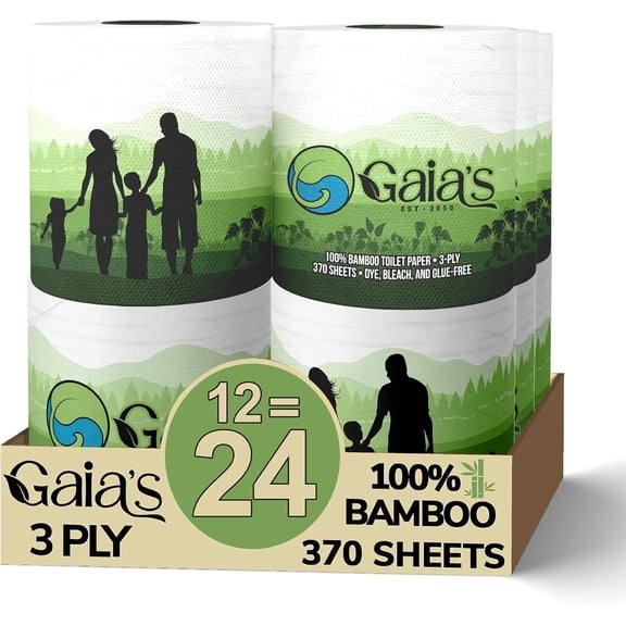 Gaias Premium and Soft Organic Bamboo Toilet Paper | 12 Mega Rolls, 3 Ply, 370 Sheets | FSC Certified, Eco-Friendly, Sustainable Tissue - Plastic Free, Septic Safe, Vegan