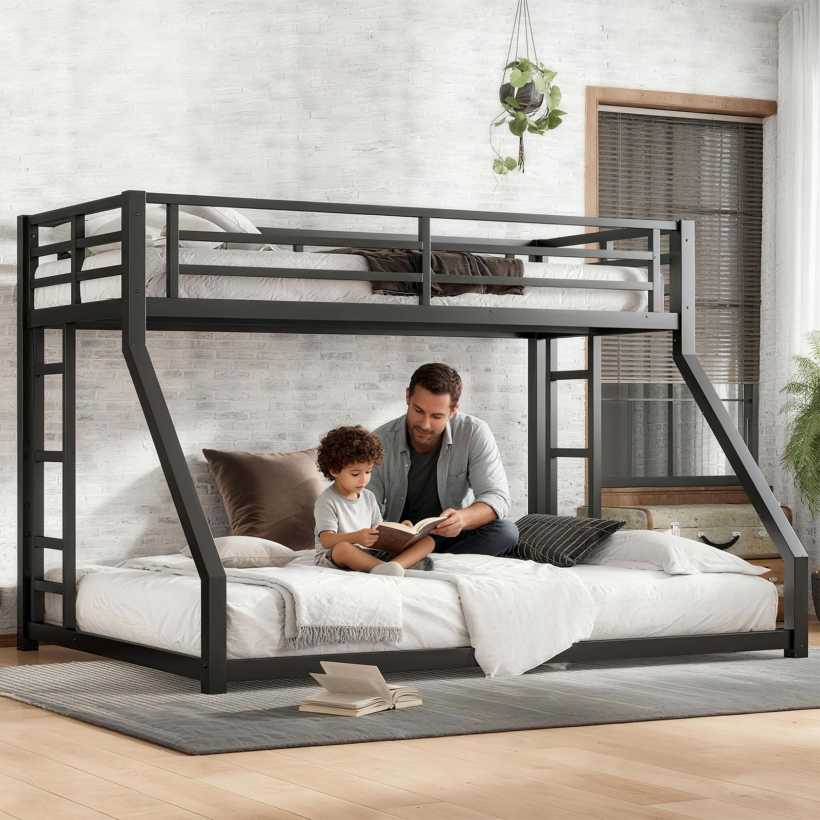 Miniyam Twin XL Over Queen Metal Bunk Bed Frame with Guardrail and Dual Ladders, Heavy-Duty Steel, Black