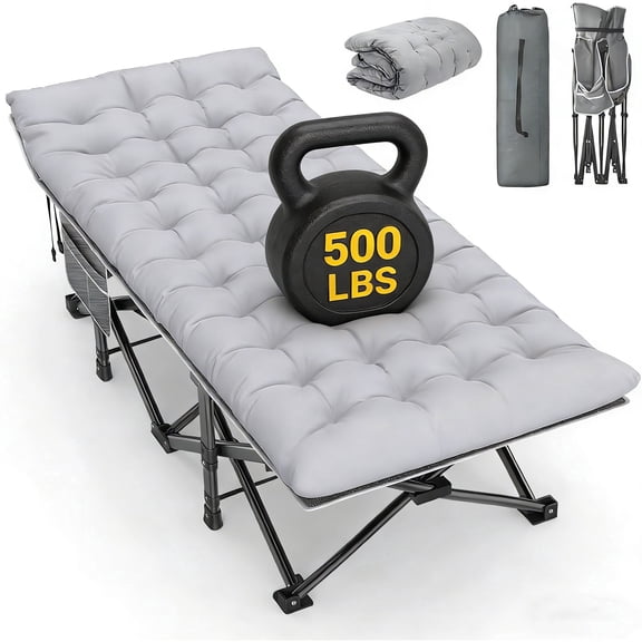 DKMOCO XXL Folding Camping Cot with Mattress for Adults,32" x 79" 500lbs Capacity Portable Bed with Carry Bag, for Office Home Nap, Outdoor,Camping（Gray Cot Gray Pad)