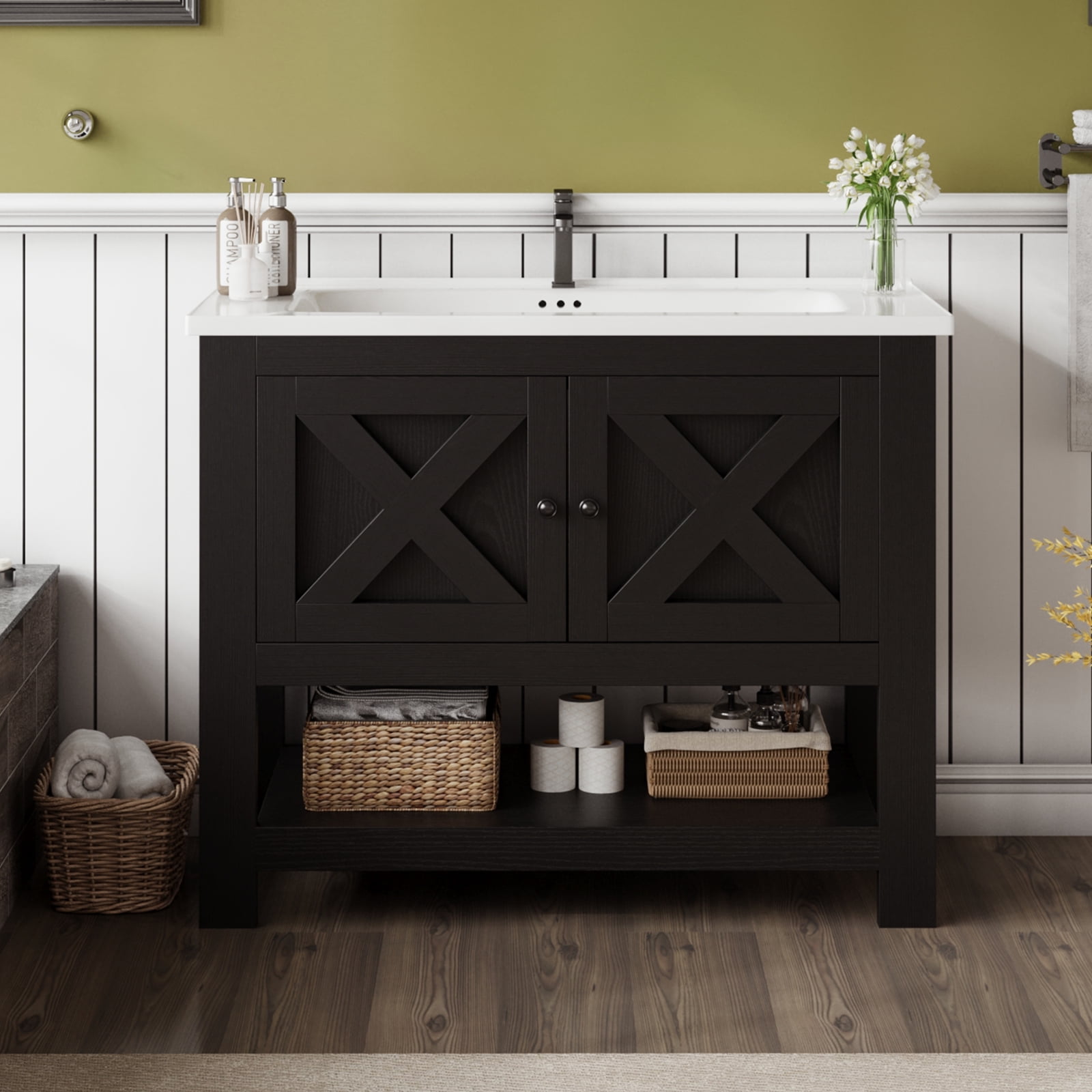 DreamCurship Bathroom Vanity with Sink Combo, 35'' Bathroom Storage Cabinet with Storage, Farmhouse Bathroom Vanity Cabinet with 2 Doors and Open Shelf, Black