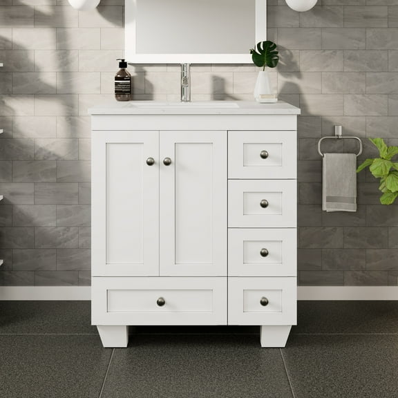 Eviva Happy 28"W x 18"D White Bathroom Vanity with White Carrara Quartz Vanity Top and Rectangular Undermount Sink