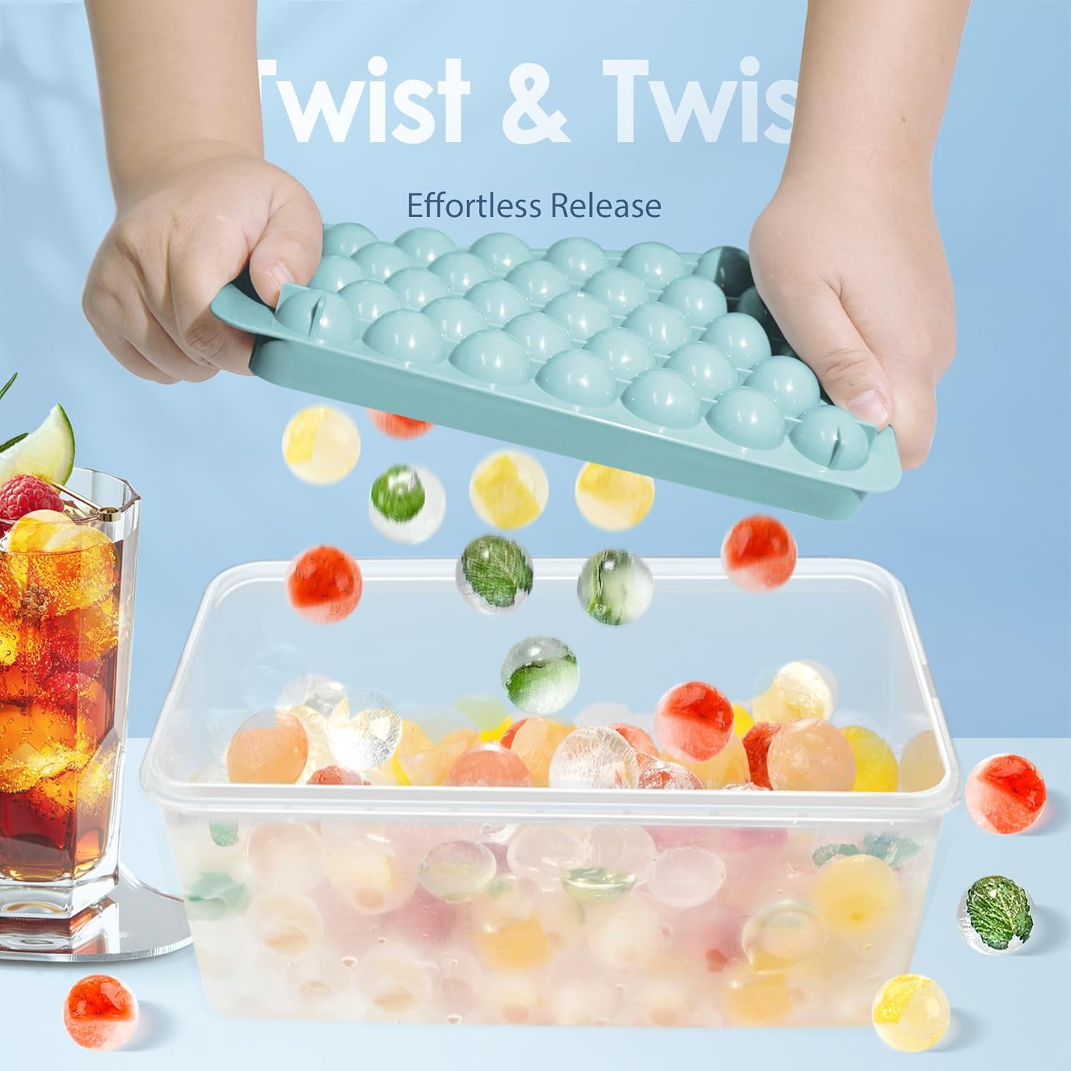 Ice Cube Tray with Lid and Bin - Round Ice Trays for Freezer with Lid - Ice Cube Trays for Freezer with Ice Container