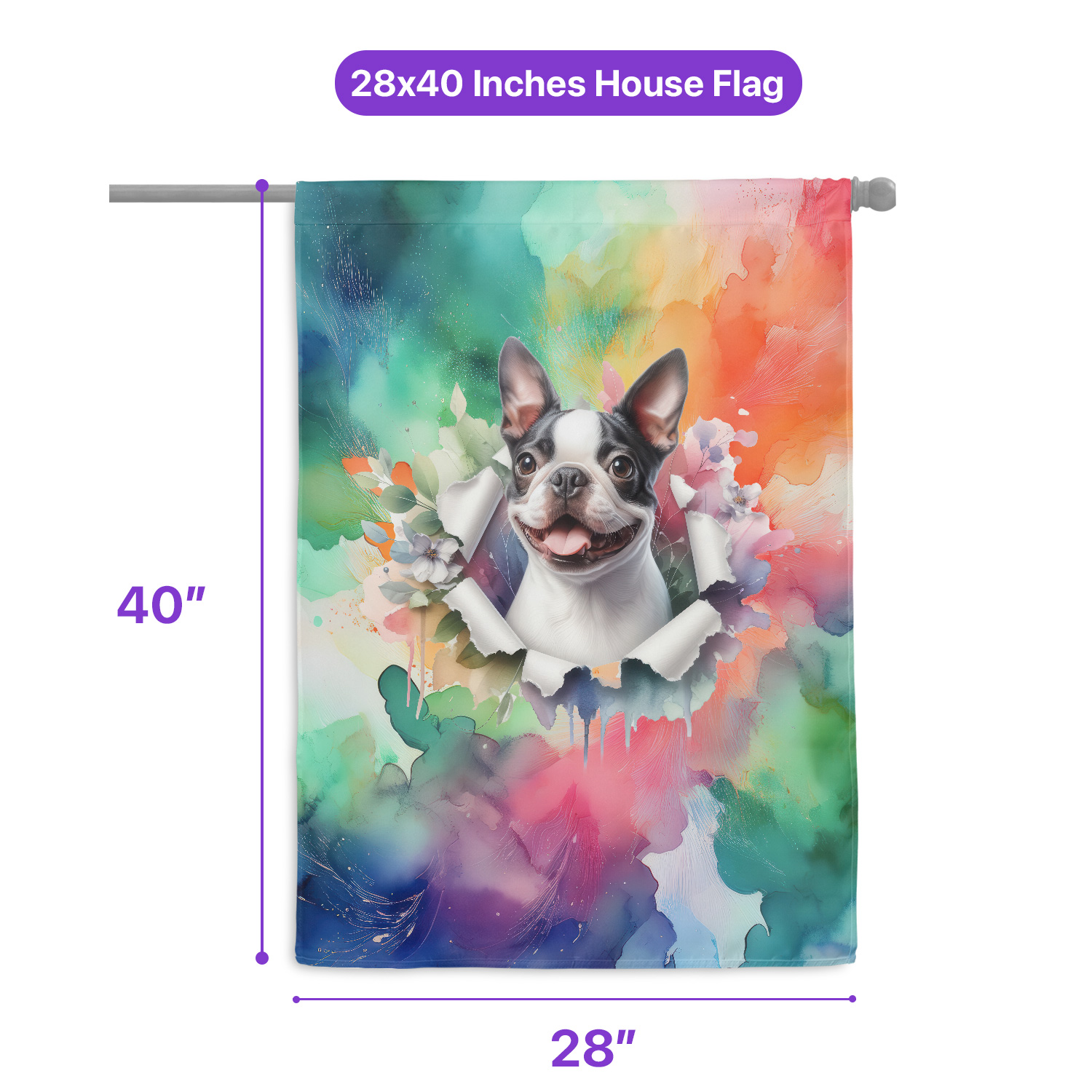 Funny Watercolor Adorable Boston Terrier Peeking Through Torn Paper Effect House Flag 28x40in Double Sided Gentleman Dog Lover Gifts Outdoor Decor - 00026