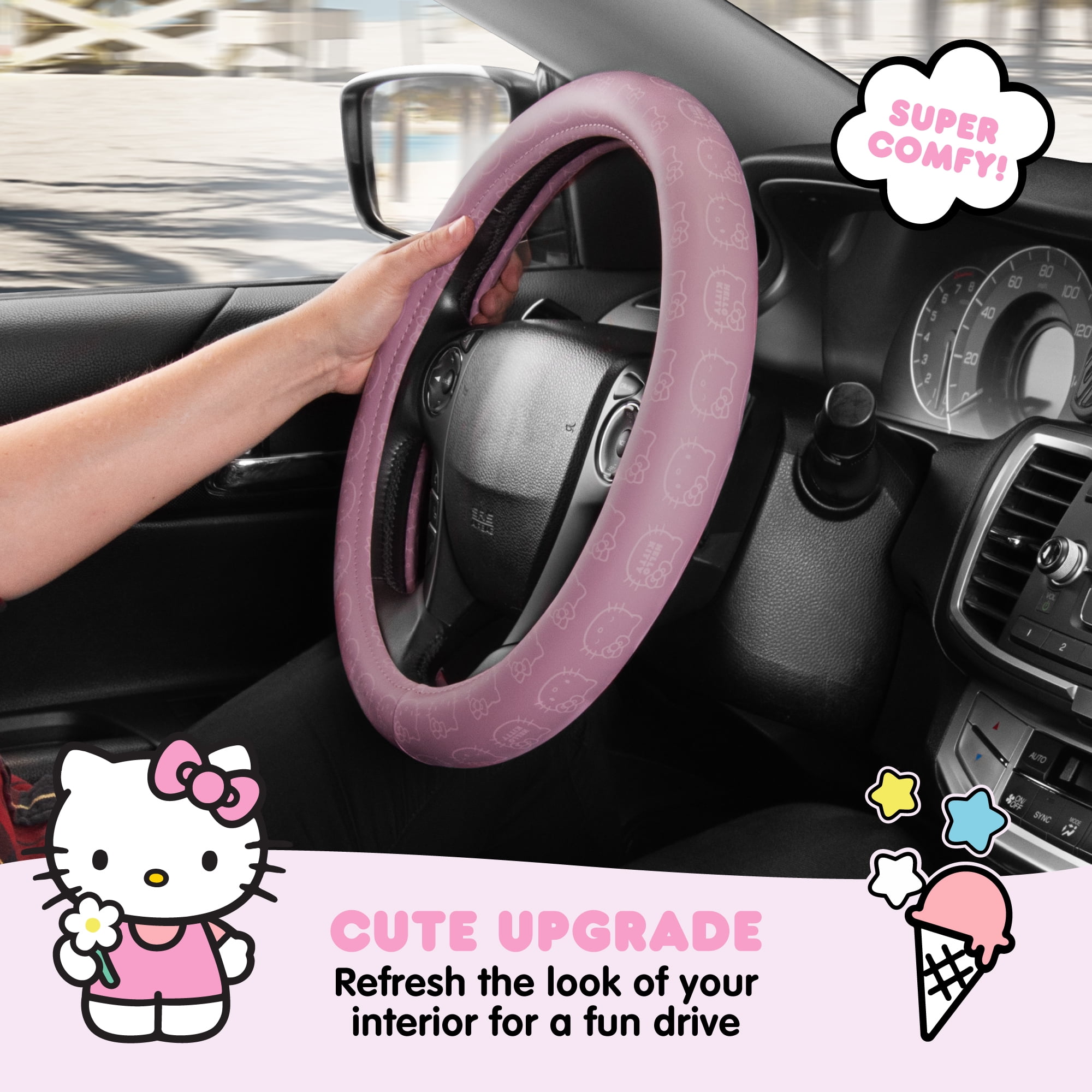 Official Sanrio Hello Kitty Steering Wheel Cover with Easy Clip-on Car Air Freshener, Odor Eliminator, Fun Scents