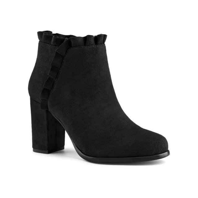 Unique Bargains Women's Ruffle Chunky Heel Ankle Boots