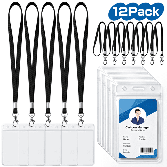 Qissep 12 Pack Lanyards for Id Badges, Waterproof Clear Name Badge Holders with Polyester Neck Strap, Lanyards Nametag for Conferences, Events, and School Office, Black
