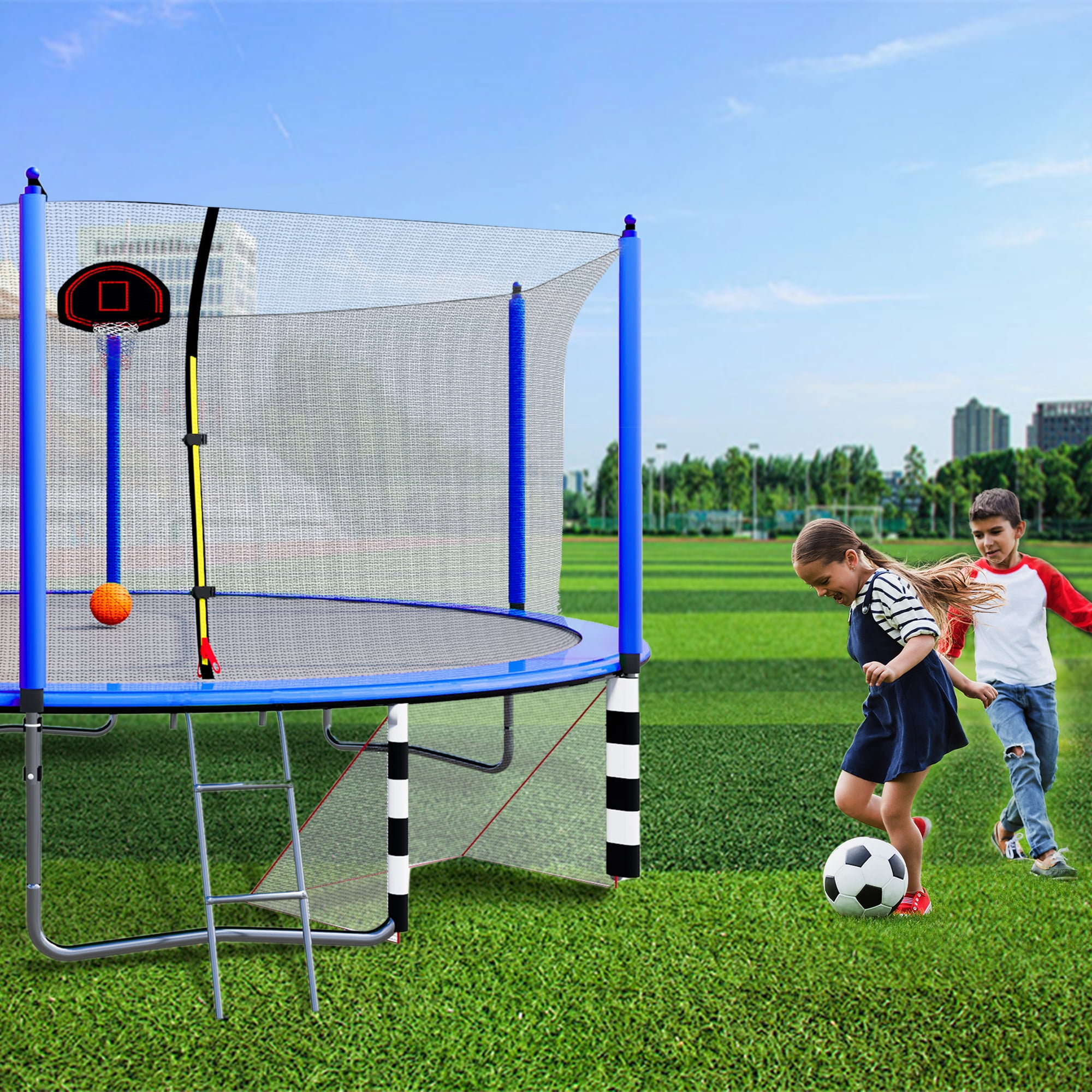 Witaxima 16FT Trampoline with Basketball Hoop, Soccer Goal, Pump & Ladder, Inner Safety Enclosure, Blue - 96 Springs, UV-Resistant, W-Shape Legs