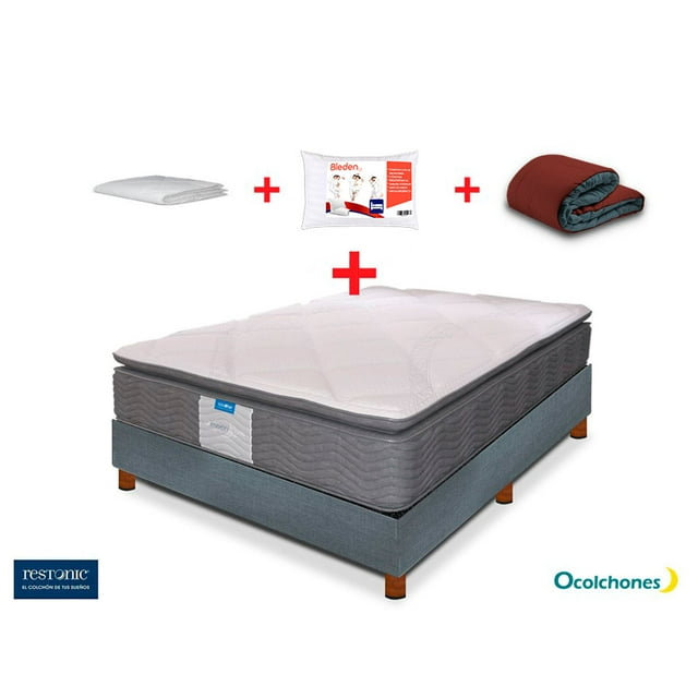 Colchón Dom Individual + Box Individual + Edredón + 2 Almohadas + 1 Funda Restonic Anti-ácaros Random