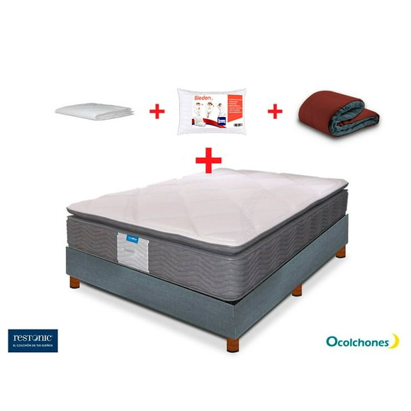 Colchón Dom Individual + Box Individual + Edredón + 2 Almohadas + 1 Funda Restonic Anti-ácaros Random