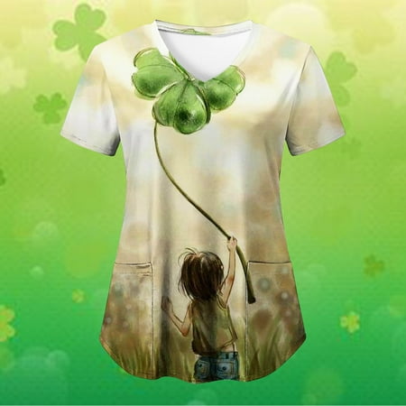 

Zeceouar Scrubs Tops For Women Designs Plus Size Scrub Shirts V-Neck St. Patrick Printing Short Sleeve Nursing Working Uniform Tops With Pocket