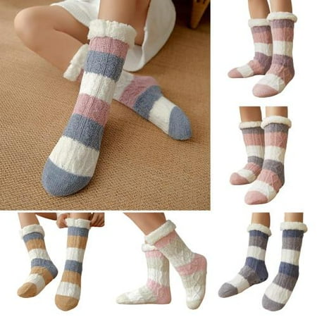 

Visland Women Fuzzy Socks Fashion Casual Stripes Pattern Soft Cozy Plush Fleece Winter Foot Warm Non-Slip Grip Floor Slippers Socks Sleeping Socks for Indoor Outdoor Daily Wear