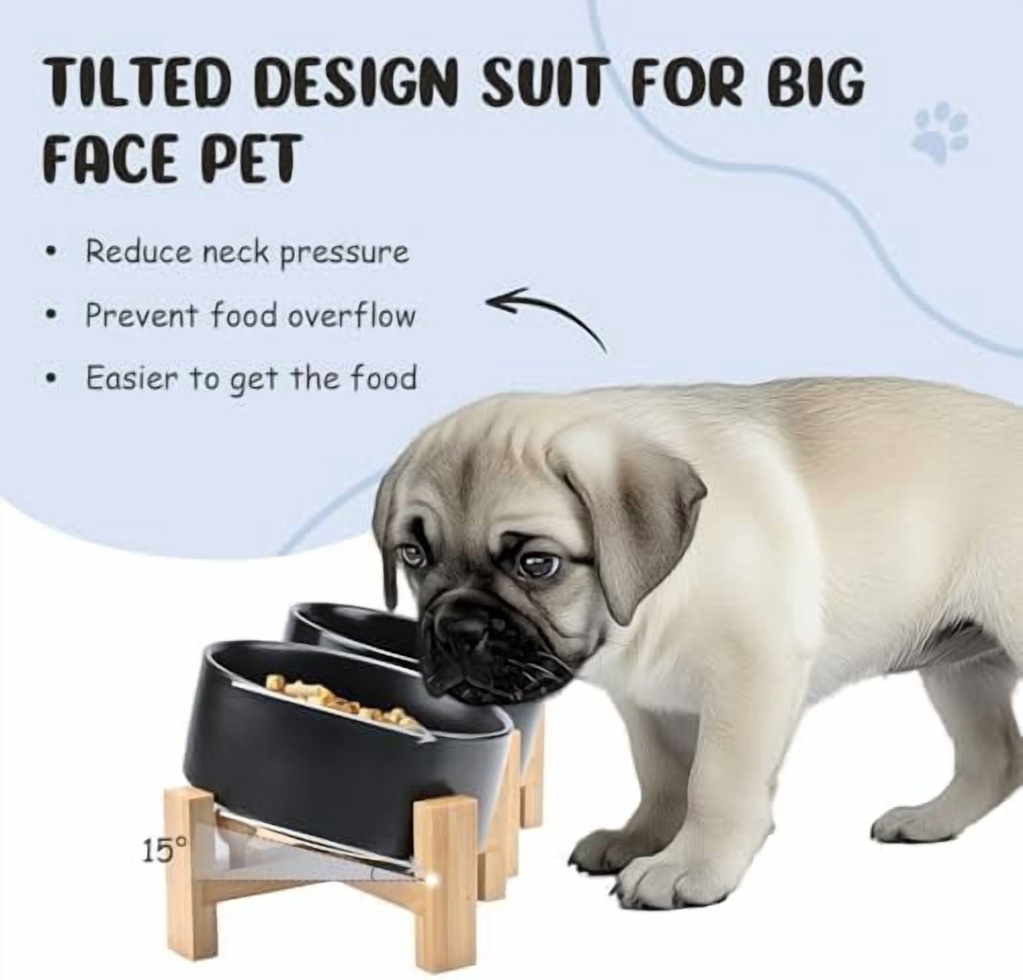 15° Slanted Ceramic Dog and Cat Bowl with Wooden Stand, Tilted Bulldog Food and Water Bowl No Slip Non-Spill for Cats Medium Dogs Big Face Pets 28.7 OZ (3.6 Cups, Black × 2)