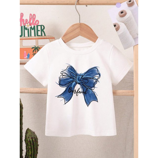 Young Girl Casual Simple Pattern Short Sleeve Crew Neck T-Shirt, Suitable For Summer