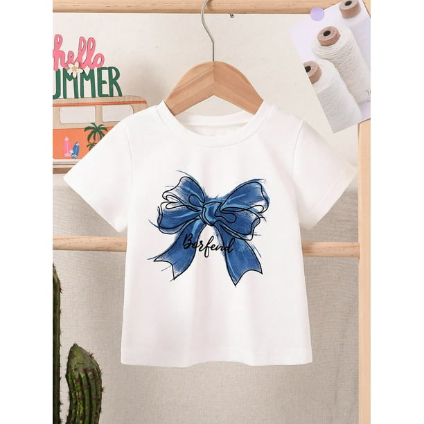 Young Girl Casual Simple Pattern Short Sleeve Crew Neck T-Shirt, Suitable For Summer