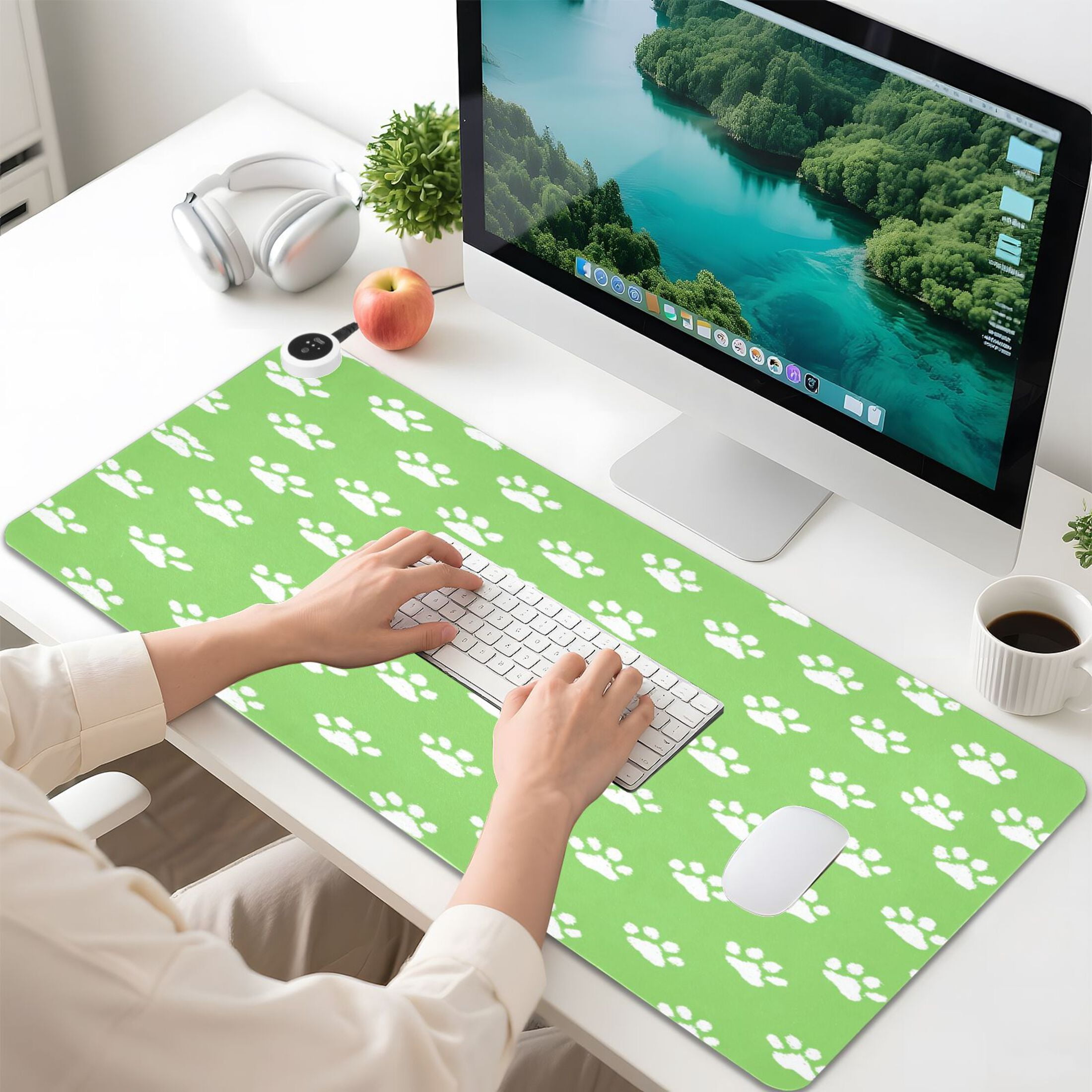 Large Heated Desk Mat Mouse Pad 31.5"x13"PU Leather Graphene Heating Desk Warmer with 3 Temperature Settings 110V US Plug Non-Slip Warm Pad for Home, Office, and Gaming Green Paw Print Pattern