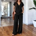 thumbnail image 2 of Women's V Neck Short Sleeve Top & Wide Leg Pants Set, Soft Nylon Spandex Loungewear, Casual 2 Piece Outfit with Stretchy Waist, for Relaxed Days, Work from Home, or | TruBelle,Black L, 2 of 8