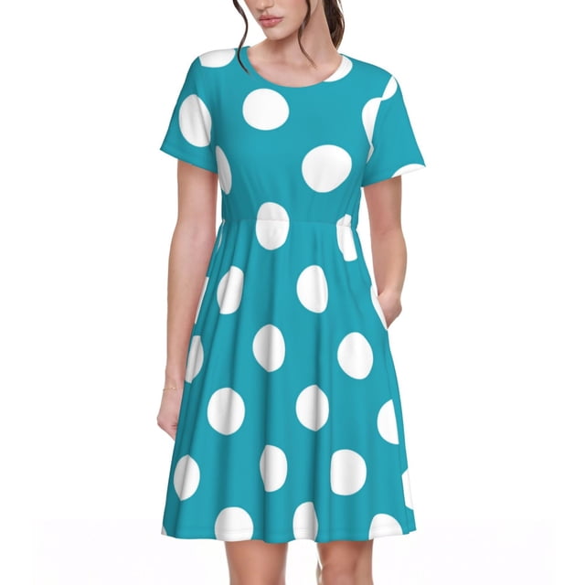 Fotbe Sky Blue And White Polka Dot Vestido Largo de Moda para Mujer, Vestido Tipo Camiseta con Manga Corta y Estilo Casual a Rayas y Bloques de Color