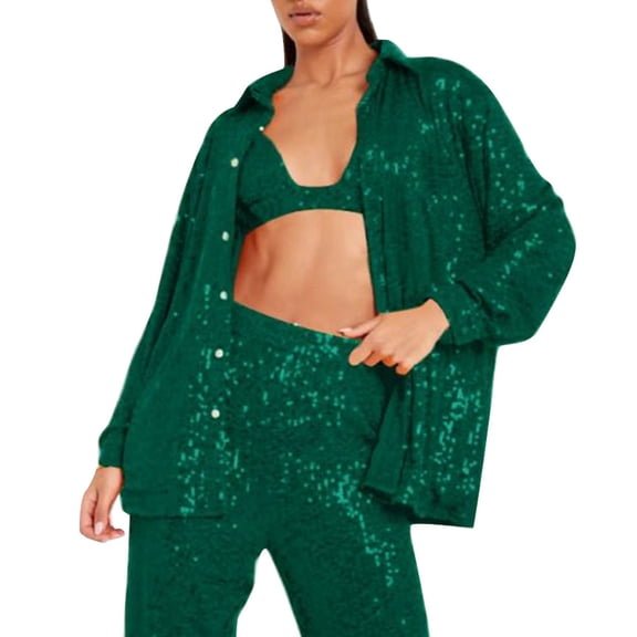 Lindreshi Pj Sets for Woman Women's Summer Solid Color Nightclub Style Sequined Fashion Casual Shirt