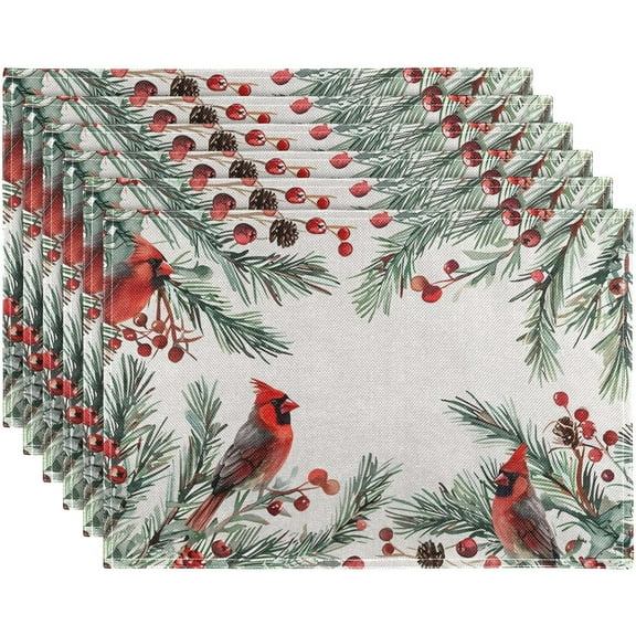 Christmas Bird Placemats Set of 6,Non-Slip Washable Kitchen Table Mats Pine Leaves Dining Place Mats for Indoor Outdoor Party Xmas Table Decoration,12x18 inch