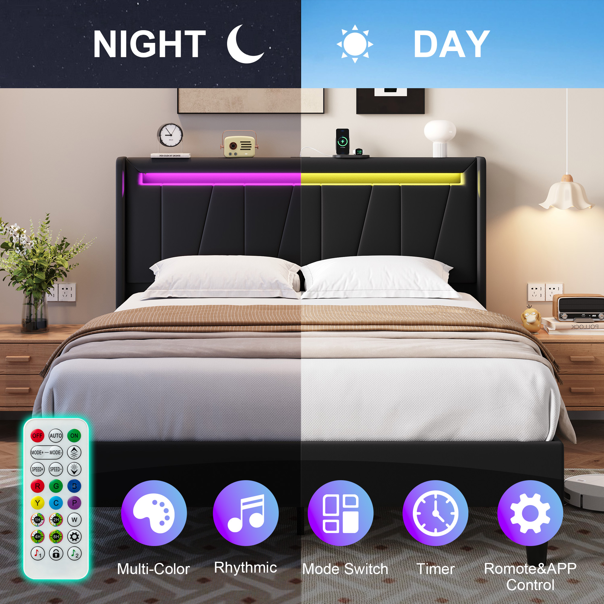 Amolife Queen Size Bed Frame with Charging Station & LED Light, Velvet Upholstered Platform Bed with Geometric Wingback Headboard, Black