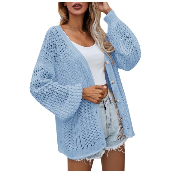 Fesfesfes Women Sweater Coat Top Solid Color Cardigan Loose Hollow Out Long Sleeve Sweater Coat Clearance