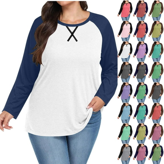 Scyoekwg Plus Size Tops for Women Fall Fashion For Women Crewneck Long Sleeve Plus Size Tops Color Block Tunic Shirts Raglan Sleeve Casual Loose Tshirt (Dark Gray,L)