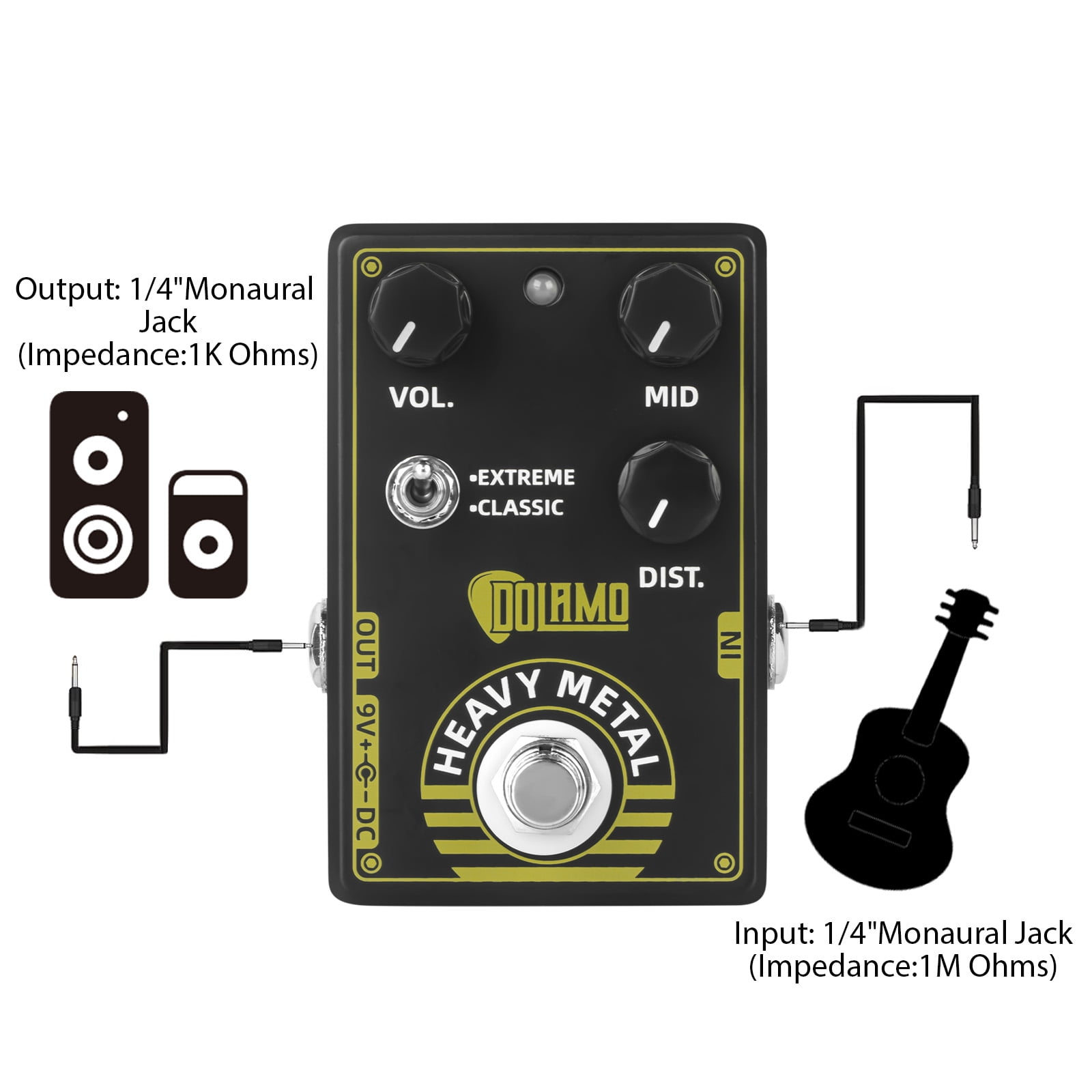 Dolamo Heavy Metal Guitar Effects Pedal High Gain Distortion Volume/Mid DC 9V 6.35mm Input/Output Interface Extreme and Classic Two-Way Selector Switch Electric Guitar Effector with True Bypass