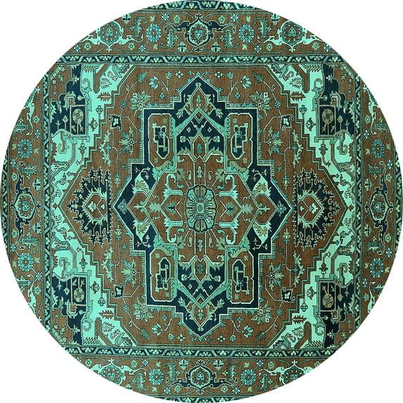Ahgly Company Indoor Round Oriental Turquoise Blue Industrial Area Rugs, 7' Round