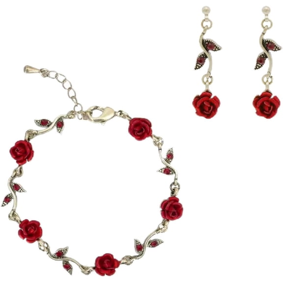 BooToolRed Rose Flower Link Charm Bracelets for Women Vintage Exquisite Rose Necklace Pendant Bracelet Set Clothing Accessories Festival Party Birthday Wedding Mother's Day Christmas Gift